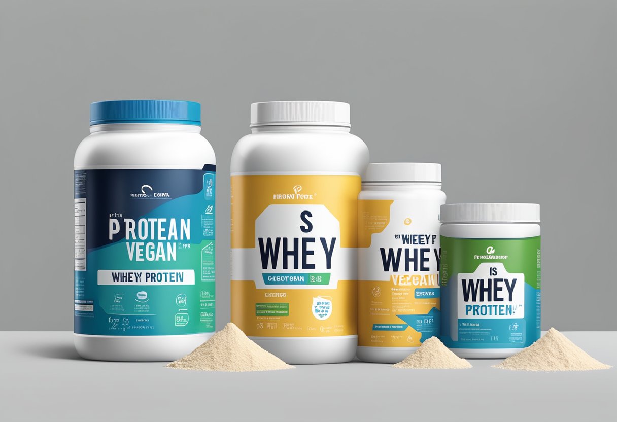 Various protein powder containers displayed. A question mark hovers over "Is whey protein vegan?" in bold font
