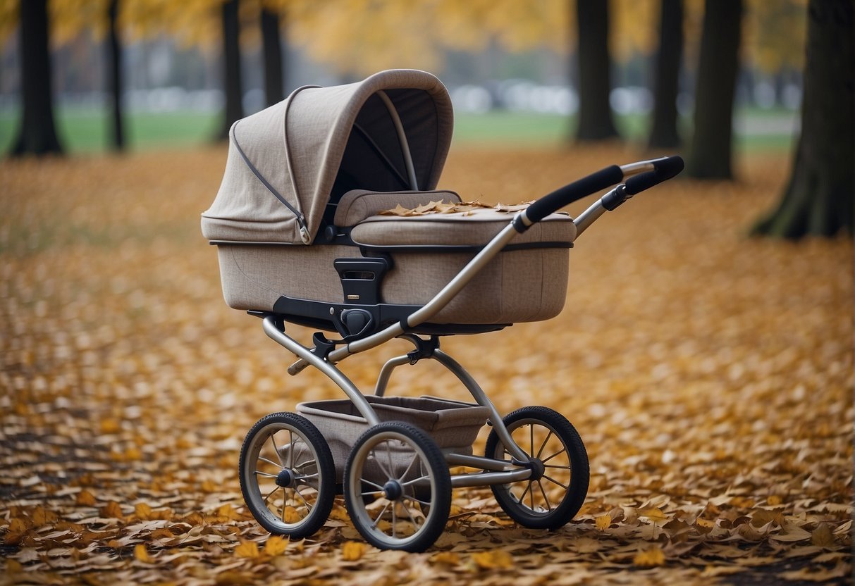 A well-worn pram sits in a park, surrounded by fallen leaves and with a faded fabric seat. Its wheels show signs of wear from years of use