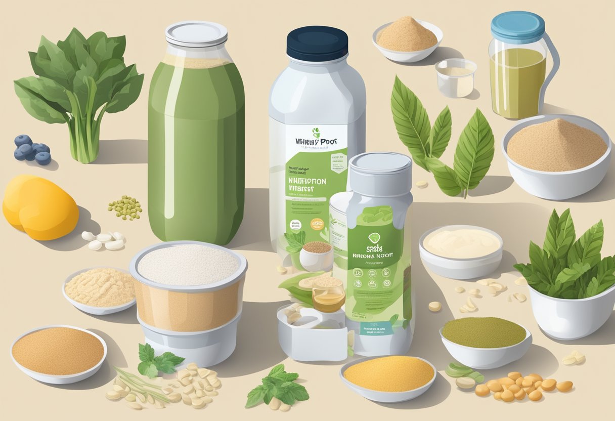 A variety of plant-based foods surrounding a container of whey protein, with labels highlighting its nutritional and health benefits