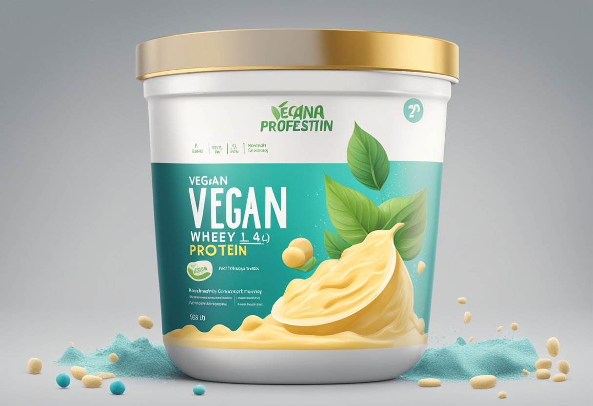 A "vegan" label on a tub of whey protein. A question mark hovers above it