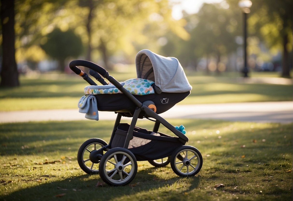 A baby stroller sits empty in a sunny park, surrounded by colorful toys and a blanket. The time on a nearby clock reads 2:00 pm