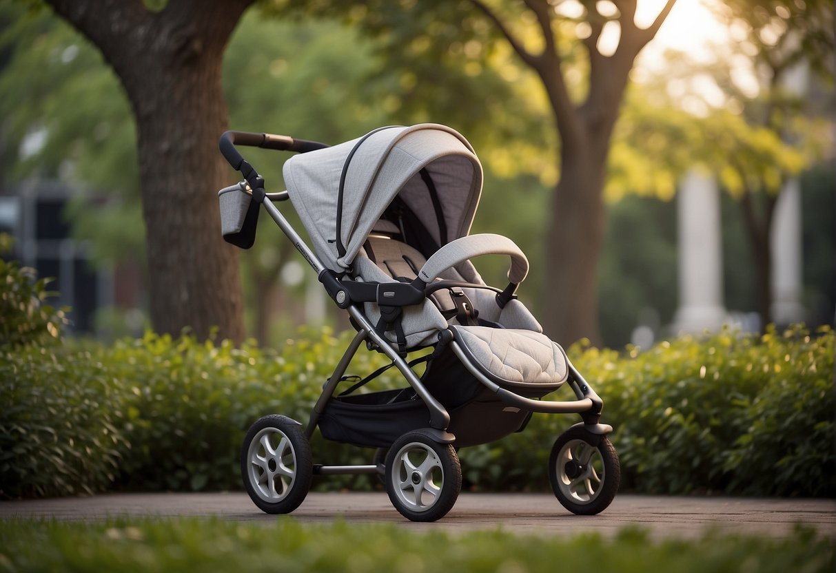 A sturdy stroller with adjustable straps and a secure harness, positioned in a shaded area with a gentle breeze, surrounded by age-appropriate toys and a comfortable blanket