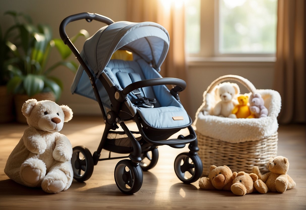A stroller sits in a sunny room, with a soft blanket and toys inside. A stack of diapers and wipes are nearby, along with a baby bottle and pacifier