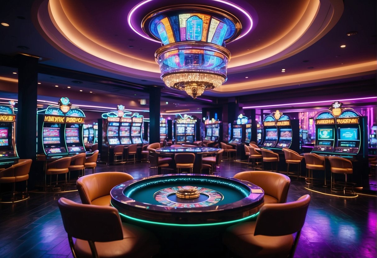 A luxurious casino with a sleek, modern design, adorned with neon lights and digital displays showcasing various cryptocurrency symbols. The atmosphere is lively, with patrons enjoying games and sipping on cocktails