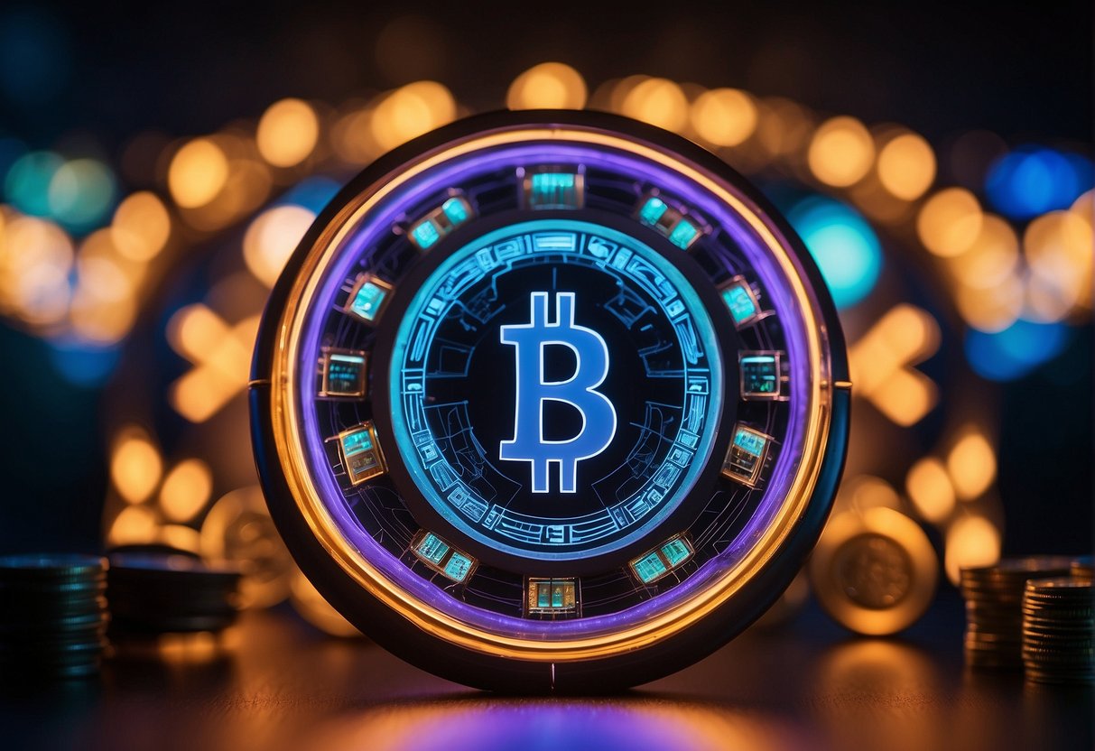 A glowing neon sign of a reputable crypto casino, surrounded by digital currency symbols and a secure lock icon