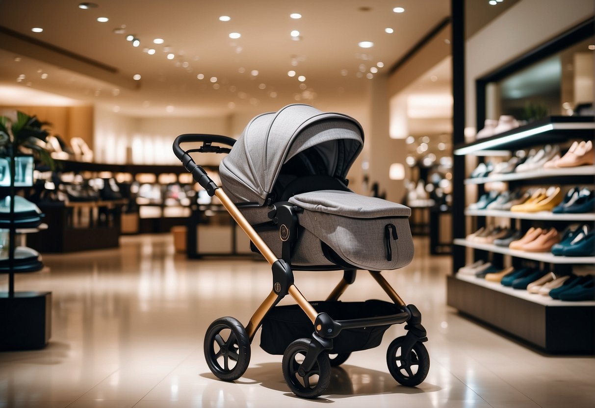 A high-end stroller displayed in a luxurious store, surrounded by other baby products and accessories. The price tag prominently shows a high cost