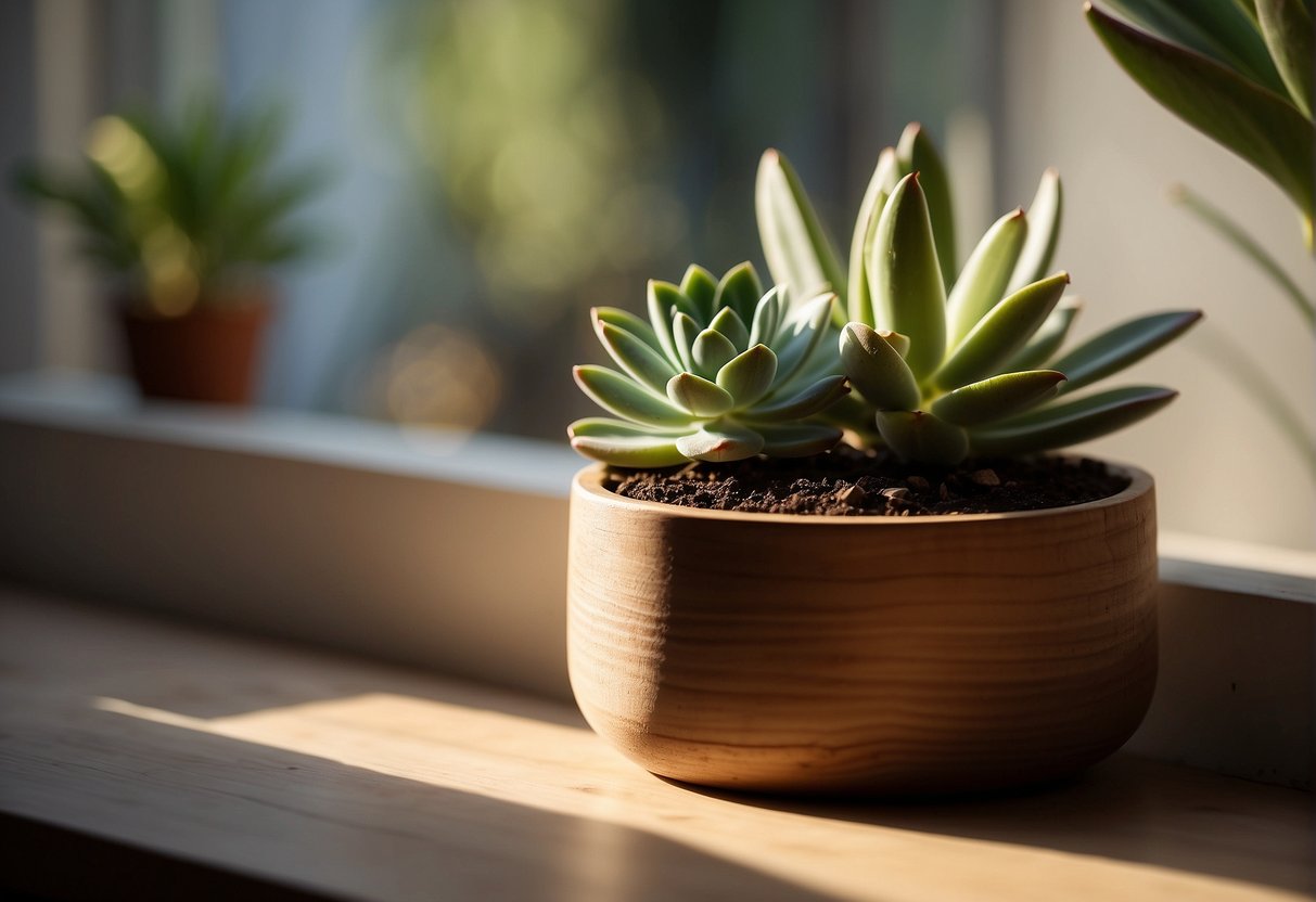 A wooden plant pot sits on a windowsill, bathed in soft sunlight. A small succulent peeks out from the soil, adding a touch of green to the scene