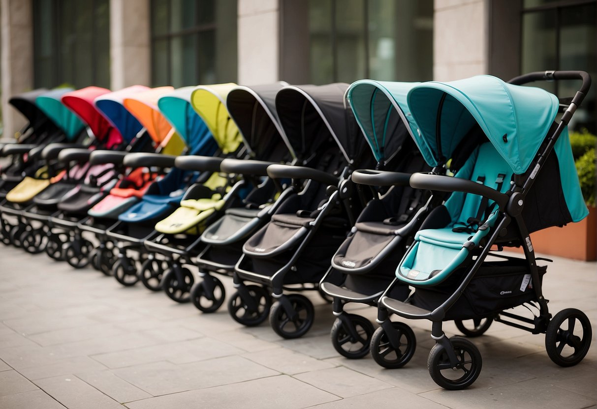 A row of various strollers lined up, showcasing different features and designs. Price tags are visible, emphasizing the expensive nature of baby strollers