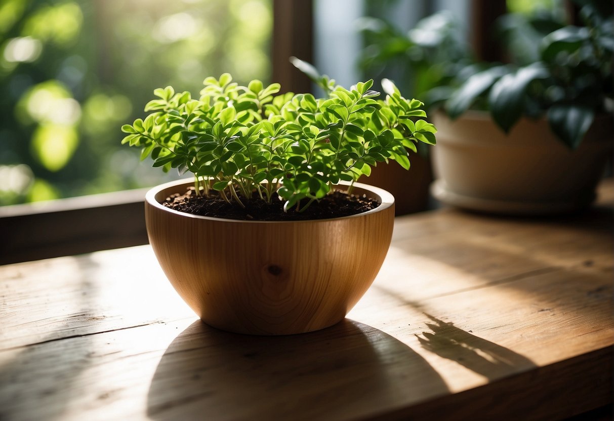 A wooden plant pot sits on a rustic table, surrounded by green foliage and natural light streaming in from a nearby window