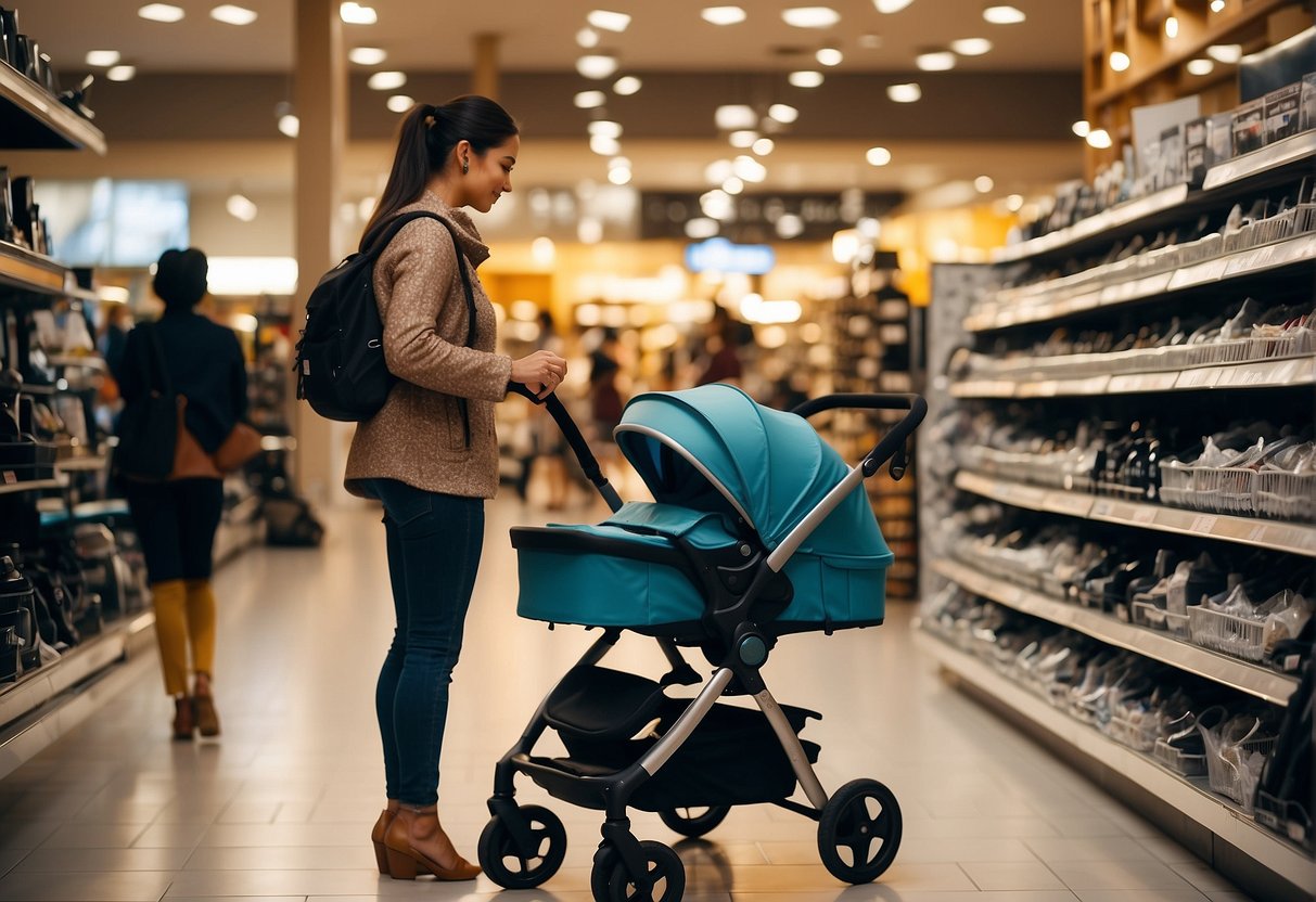 A stroller displayed in a store with a price tag and a customer examining it