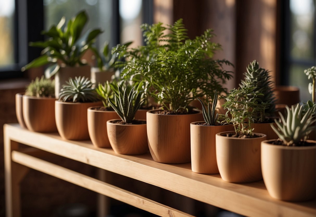A hand reaches out towards a collection of wooden plant pots of varying sizes and shapes. Each pot is displayed on a shelf, with natural light streaming in from a nearby window