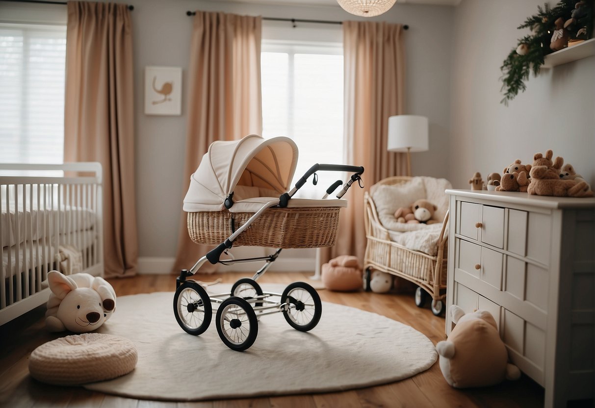 A brand new pram sits in a cozy nursery, surrounded by soft blankets and plush toys. The room is filled with anticipation and excitement for the arrival of a new baby