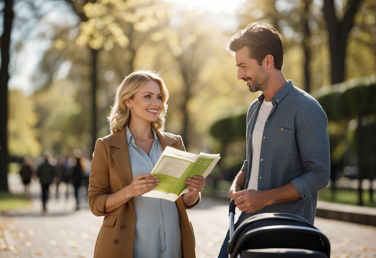 A sunny day in a park with a couple strolling, debating the purchase of a pram. The woman looks at her belly, while the man holds a pamphlet on prams, pondering the decision