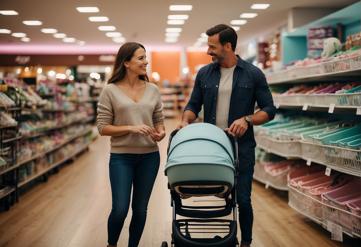 A couple stands in a baby store, comparing different prams. The store is filled with colorful options, and the couple looks excited as they discuss the features of each one
