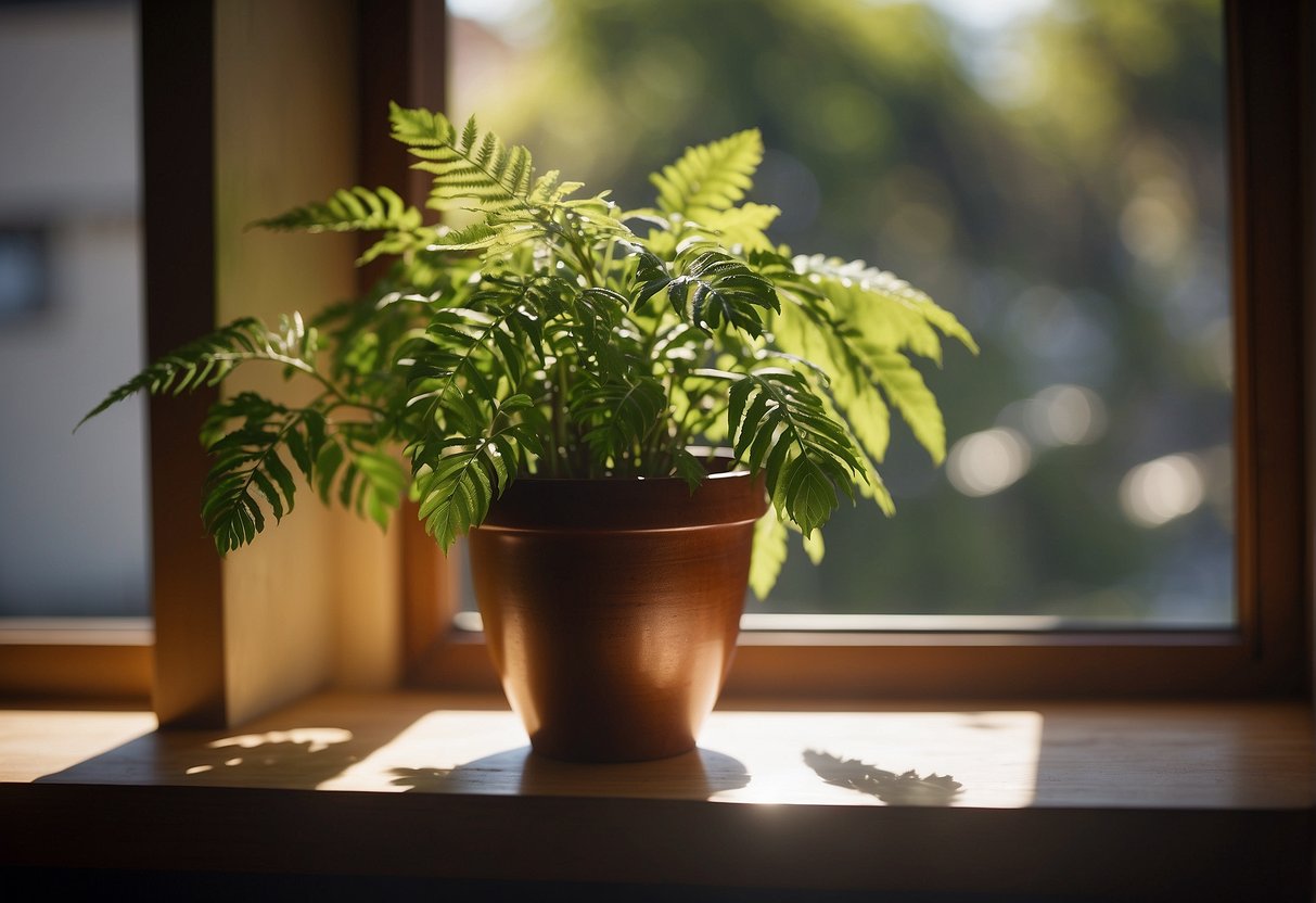A timber pot plant sits on a windowsill, bathed in sunlight, surrounded by greenery