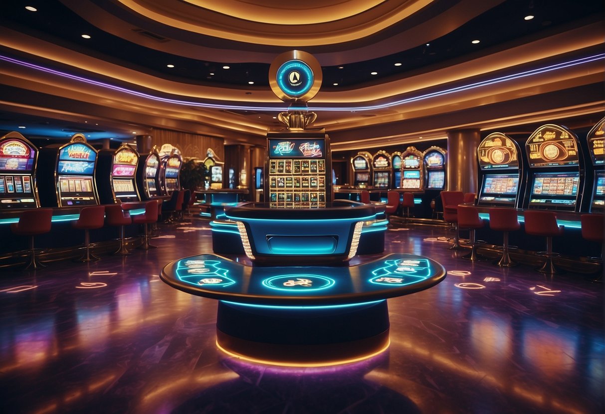 A vibrant casino floor with digital currency symbols adorning the walls. Excited players engage with various crypto games at sleek, modern tables