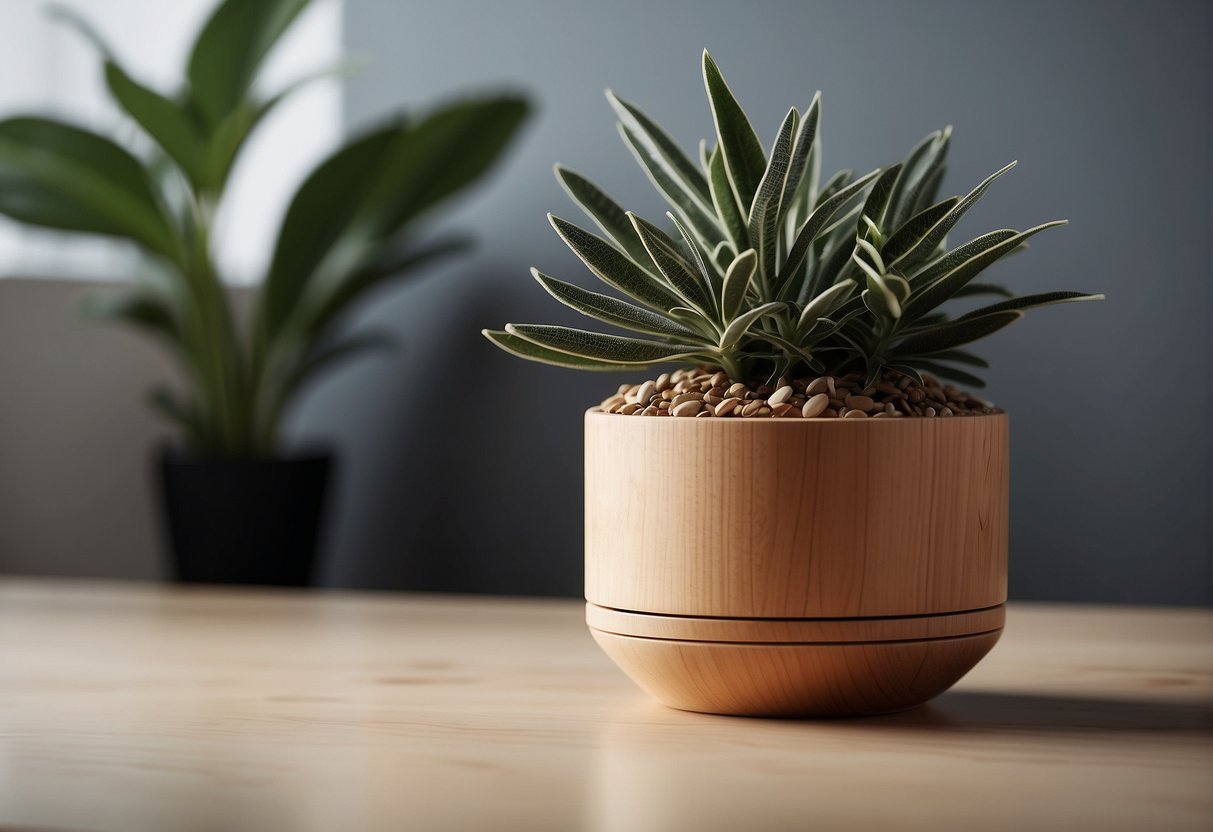 A sleek timber pot plant sits on a modern, minimalist table, surrounded by clean lines and neutral colors