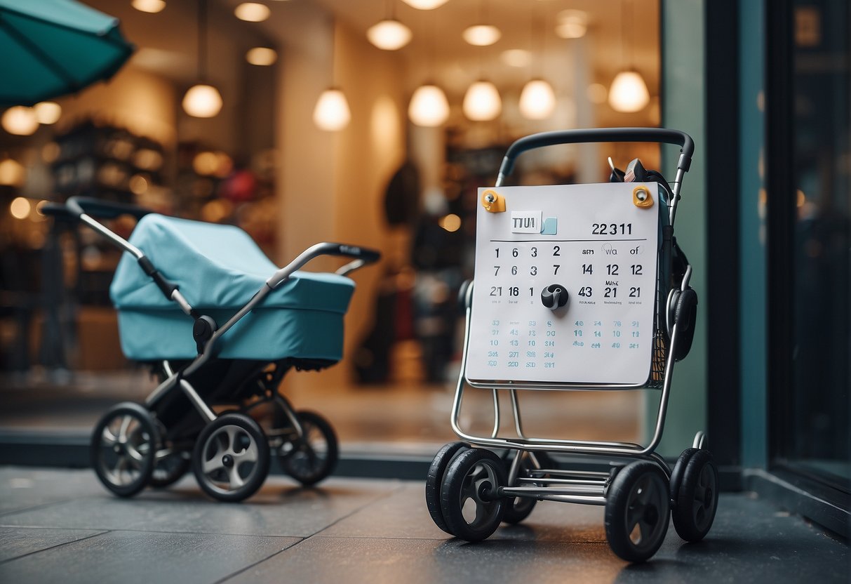 A calendar with 21 weeks marked, a pram displayed in a store window, and a thought bubble with question marks above it