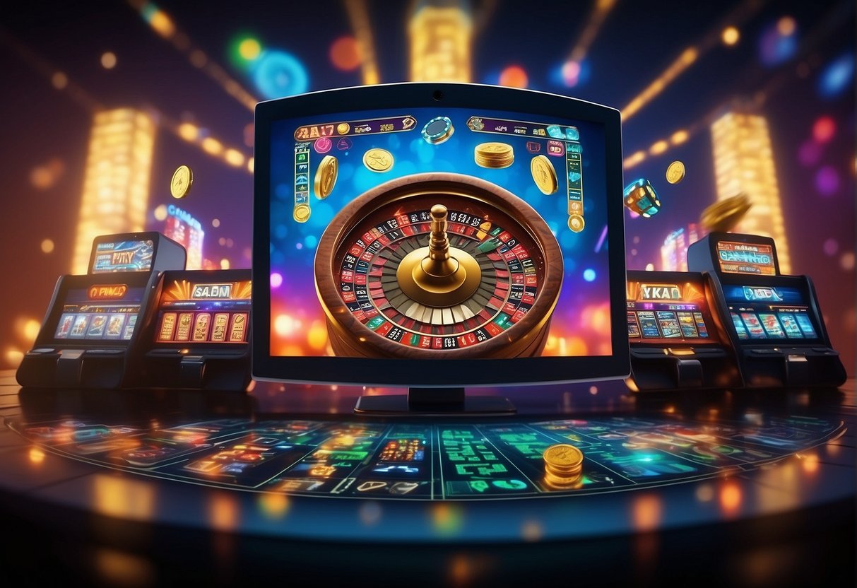 A colorful array of casino games from top providers fills the screen, surrounded by glowing crypto symbols