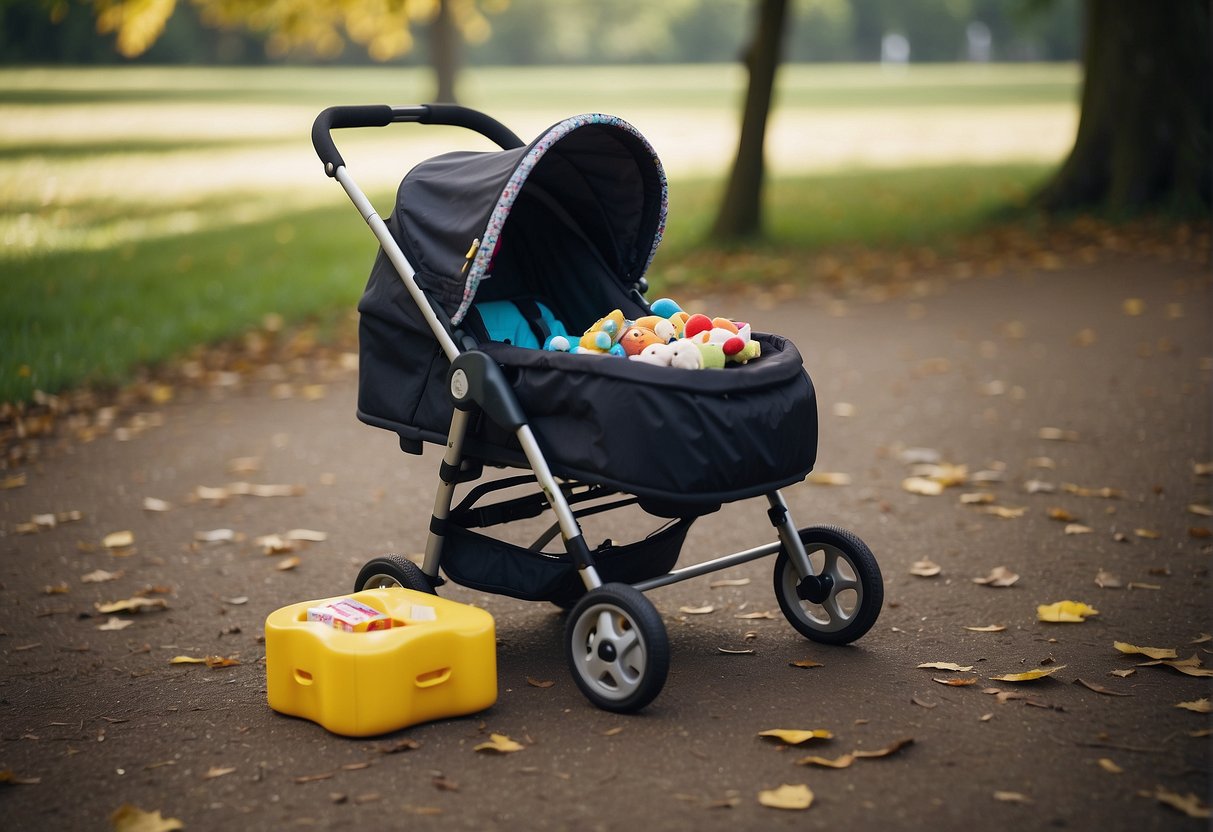 A child's empty pushchair sits abandoned in a park, surrounded by scattered toys and a half-eaten snack