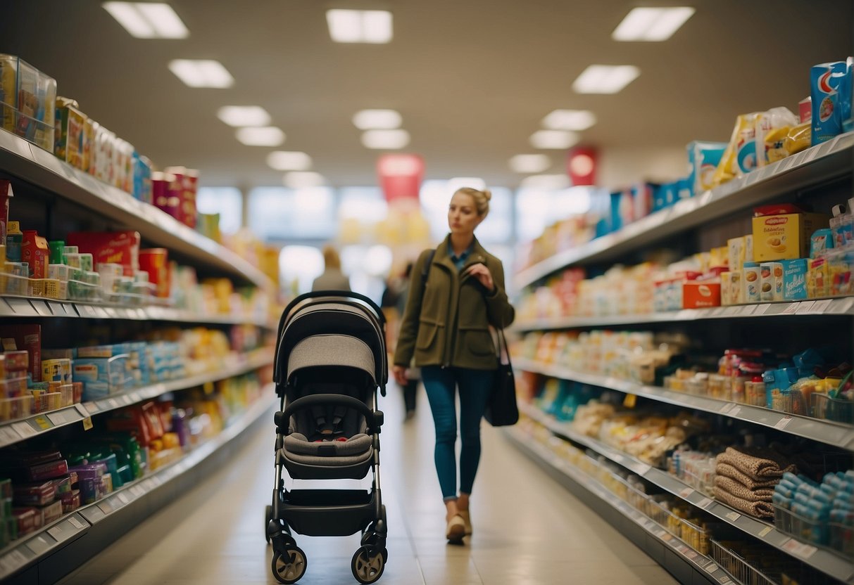 A person stands in a store aisle, looking at a pram and pushchair