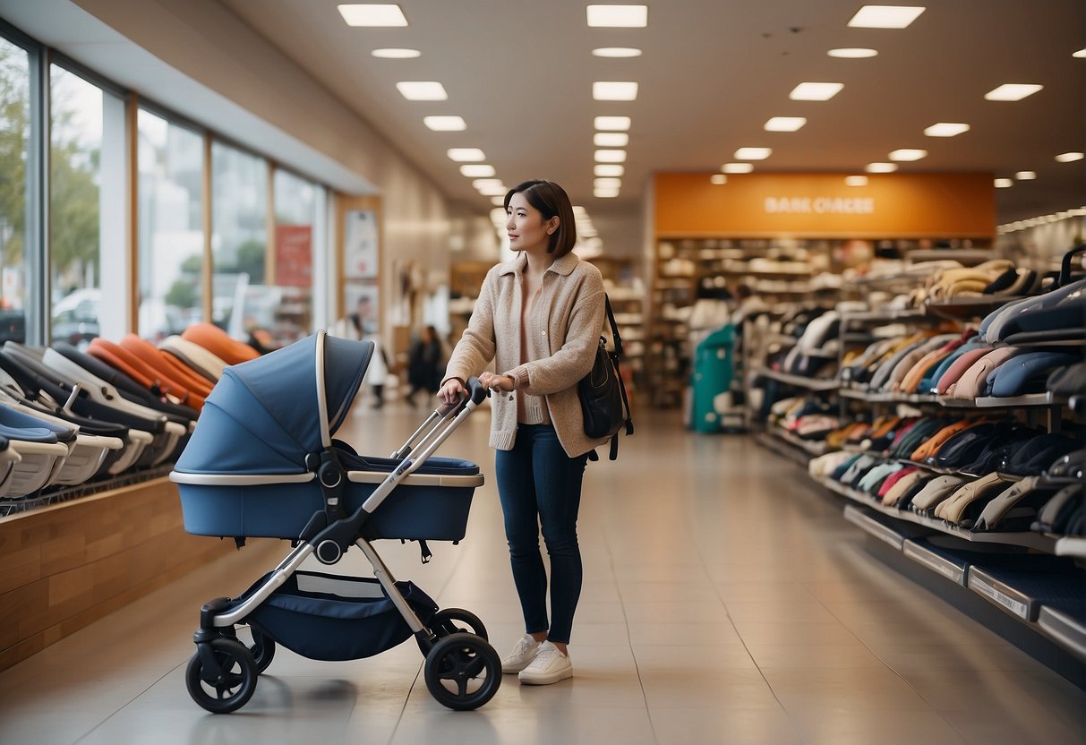 A person stands in a store, comparing different prams and pushchairs. The shelves are filled with various models, and the person looks thoughtful as they consider their options