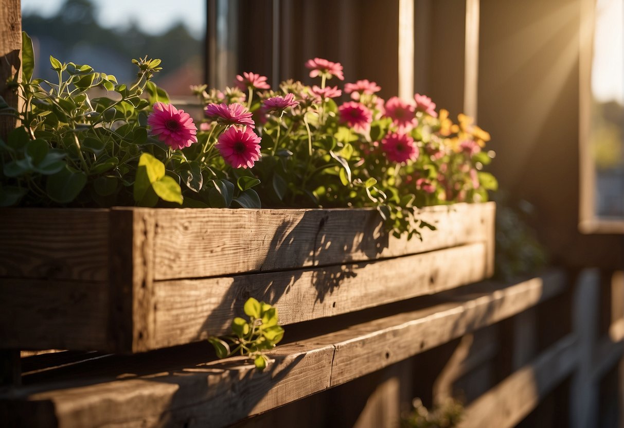 A wooden flower box sits on a windowsill, filled with vibrant blooms and trailing greenery. The morning sunlight casts a warm glow on the rustic, weathered wood