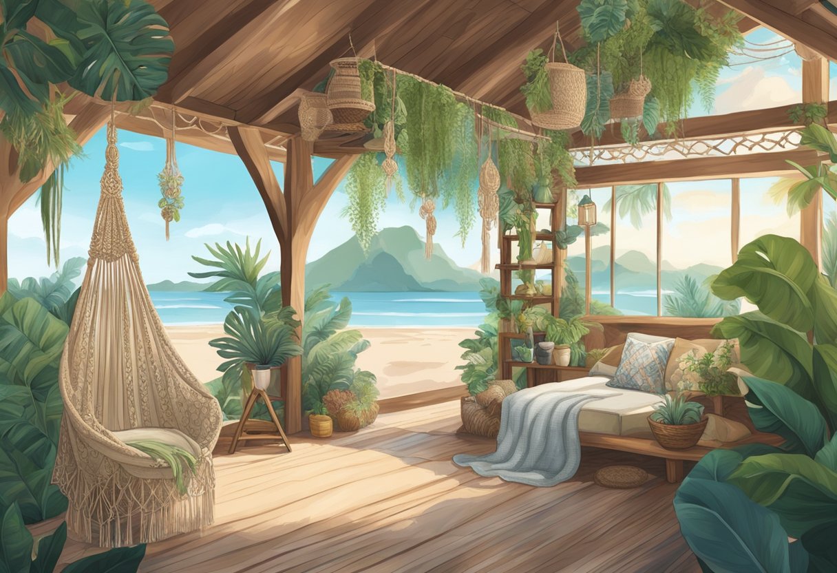 A beach setting with macrame clothing draped over a wooden rack, surrounded by bohemian decor and lush greenery