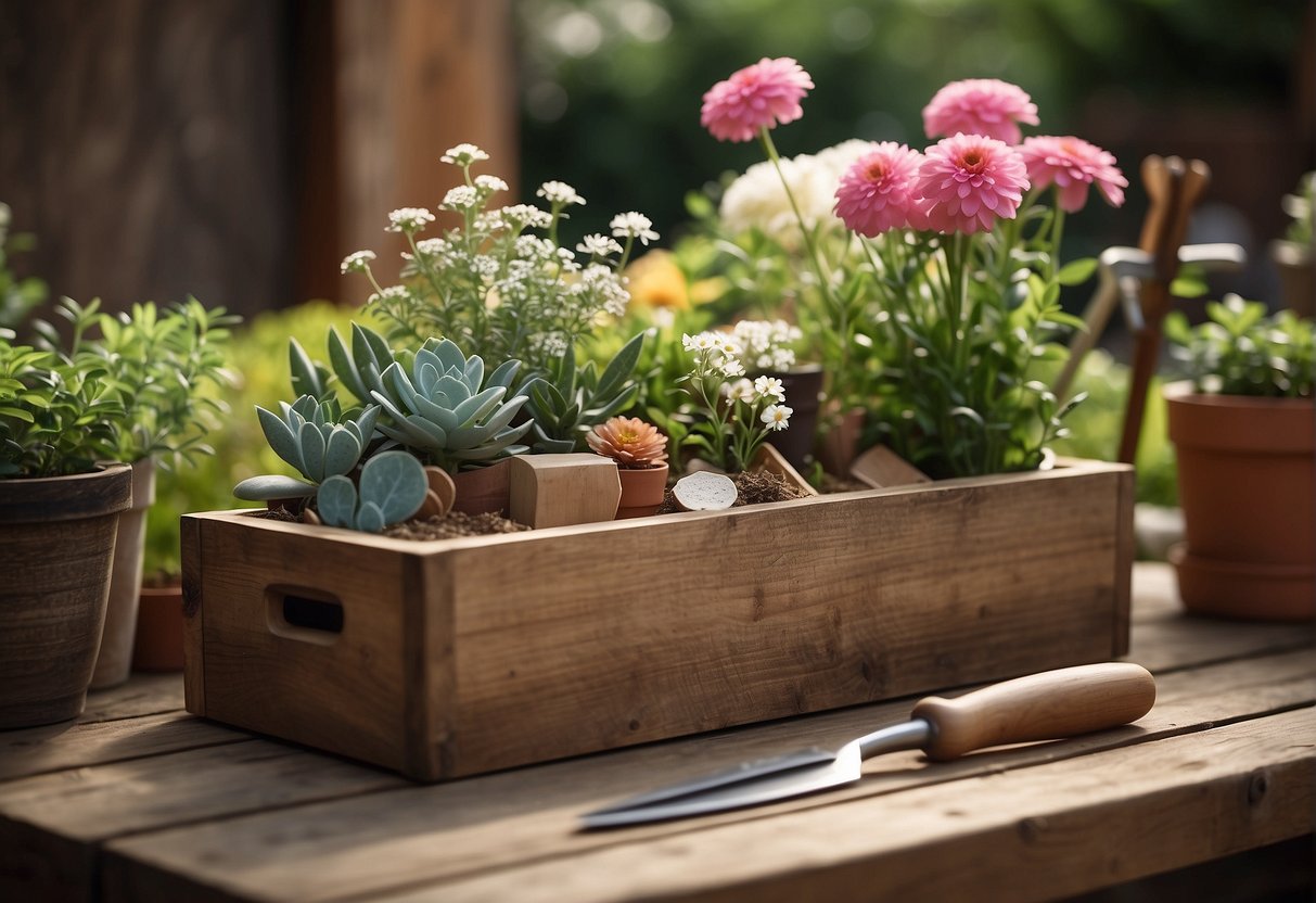 A wooden flower box sits on a rustic table, surrounded by gardening tools and materials