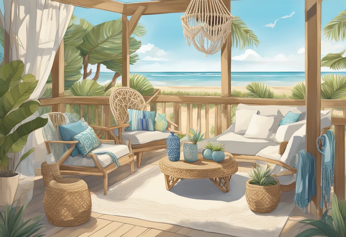 A beach setting with a boho vibe, featuring macrame clothing worn in versatile ways. Sunshine, sand, and ocean waves create a relaxed atmosphere for the scene
