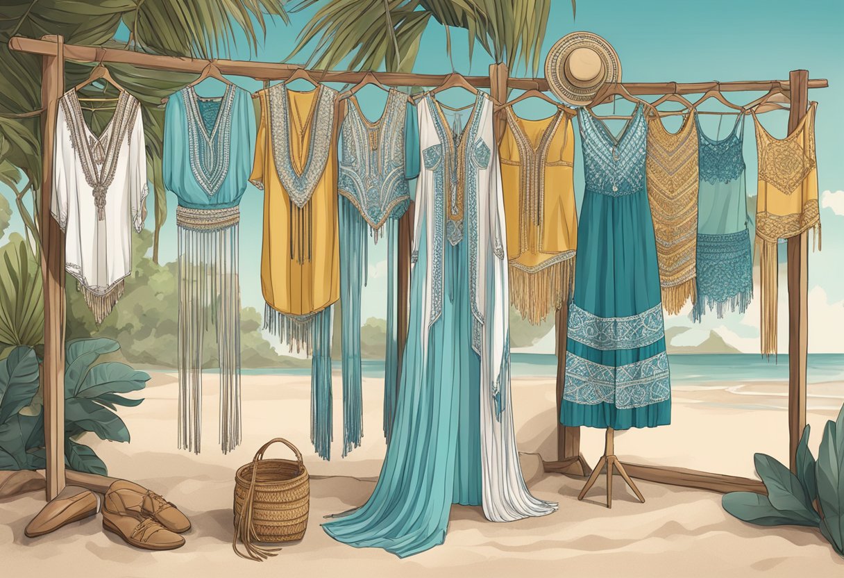 A beach with a boho vibe, showcasing macrame clothing pieces in various styles and colors, worn on mannequins or displayed on hangers