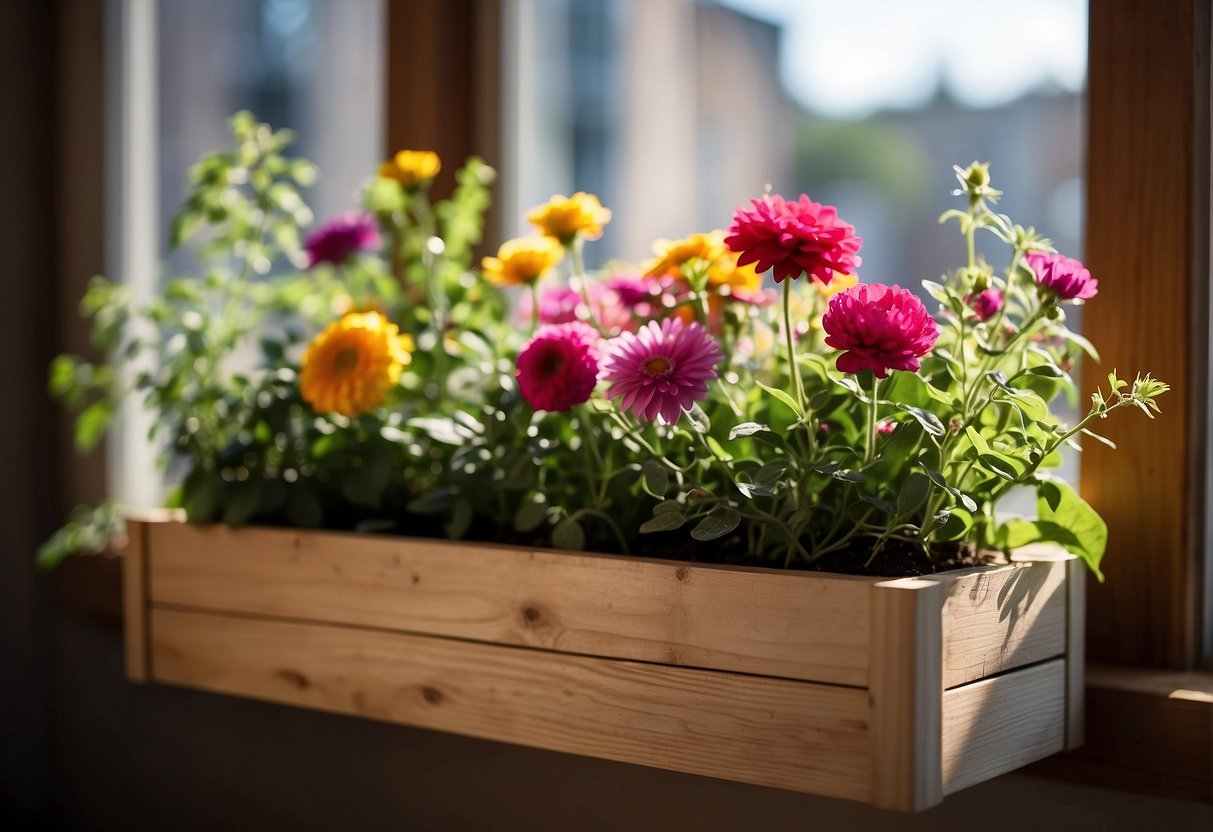 A wooden flower box sits on a windowsill, filled with vibrant blooms and trailing greenery. The sun shines down, casting soft shadows on the box