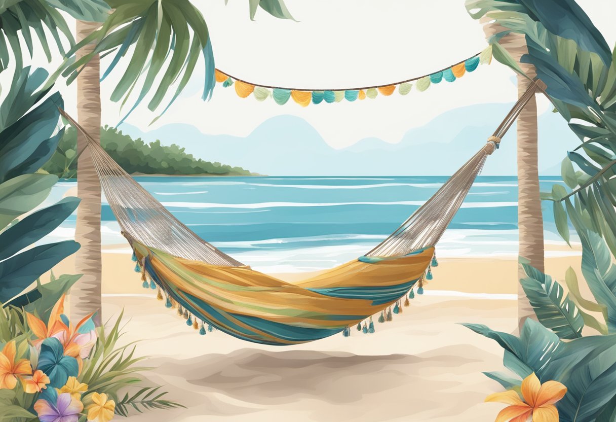 A beach setting with a hammock, tassels, and boho decor