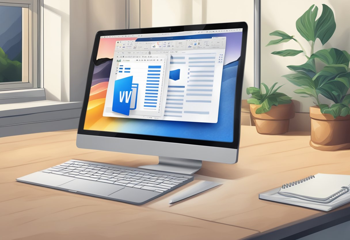 A Mac computer screen displaying the Microsoft Word app icon, with a cursor clicking on the "Download" button for a Word document