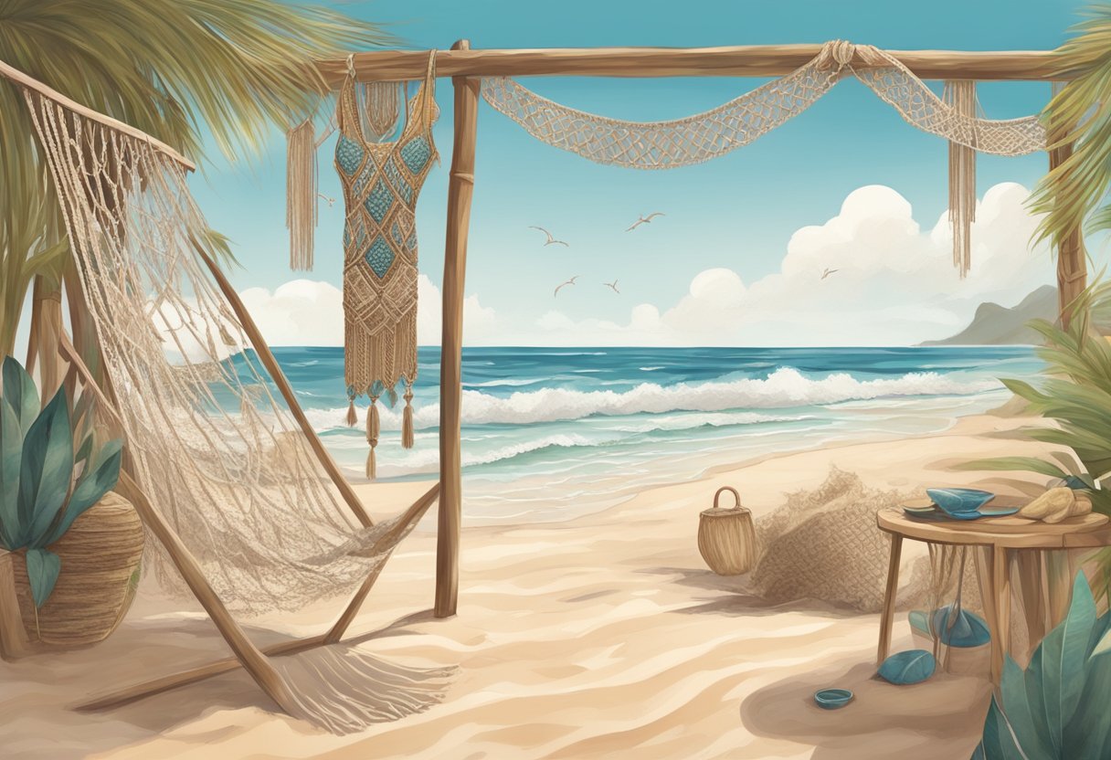 A sandy beach with a bohemian vibe, featuring macrame clothing styled in various ways. Waves crashing in the background, with a relaxed and carefree atmosphere