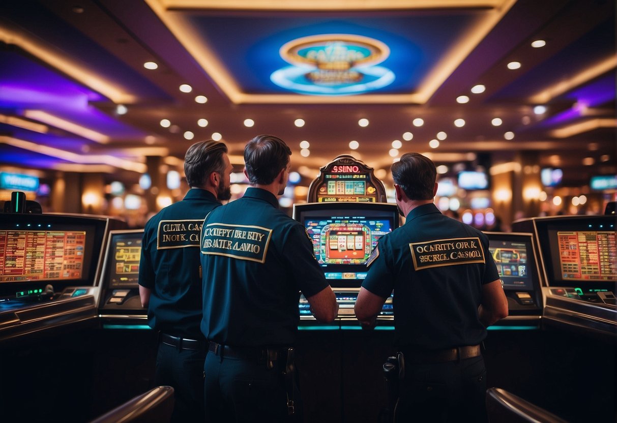 The security team monitors the casino floor, while the licensing certificate is prominently displayed. The crypto casino logo is prominently featured