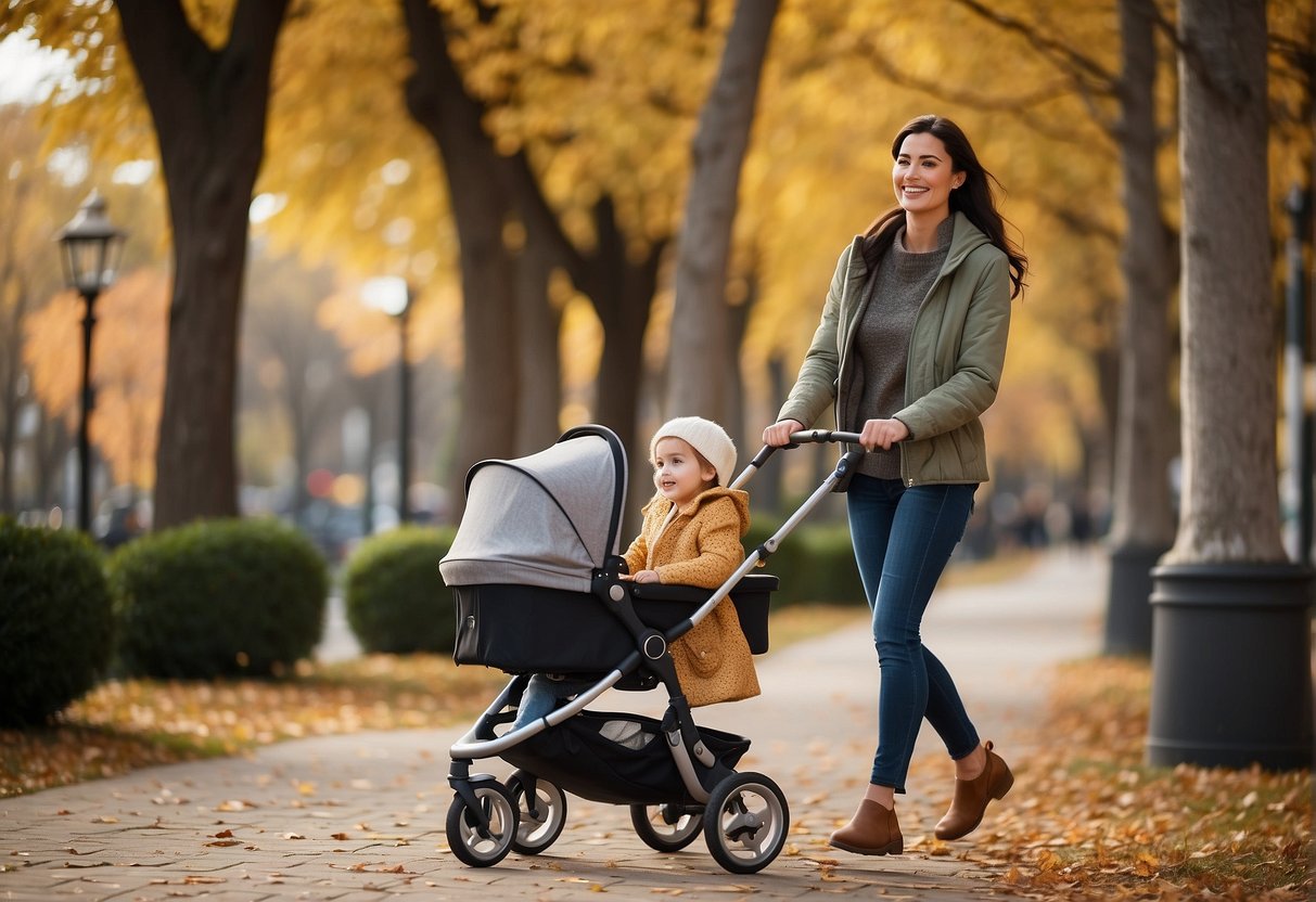 A parent pushing a stroller with a 6-year-old sitting comfortably inside, with adjustable straps and a spacious seat for the child's comfort and safety