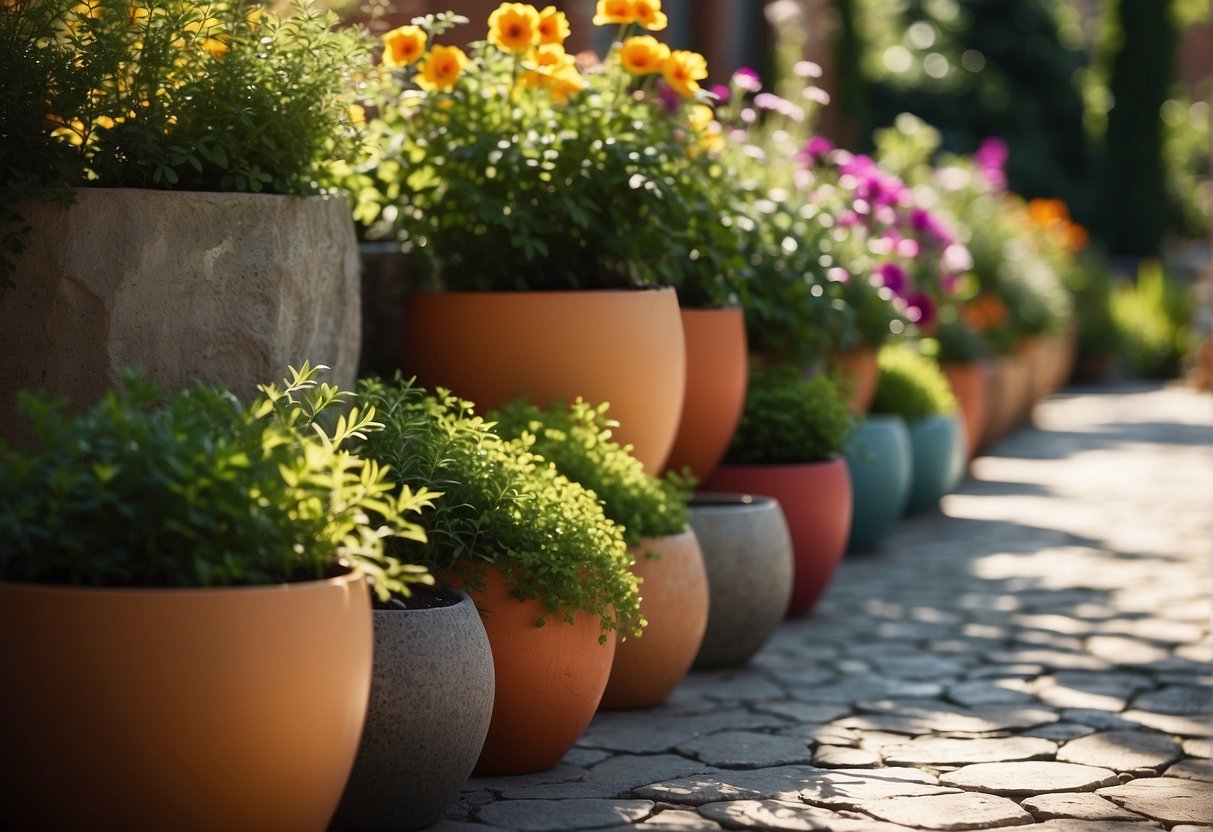 Colorful garden pots arranged on a stone patio, filled with vibrant flowers and greenery. Sunlight filters through the leaves, casting dappled shadows on the ground