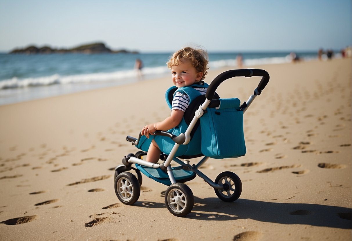 A 4-year-old pushes a stroller on a sandy beach, smiling and enjoying the freedom of mobility on holiday