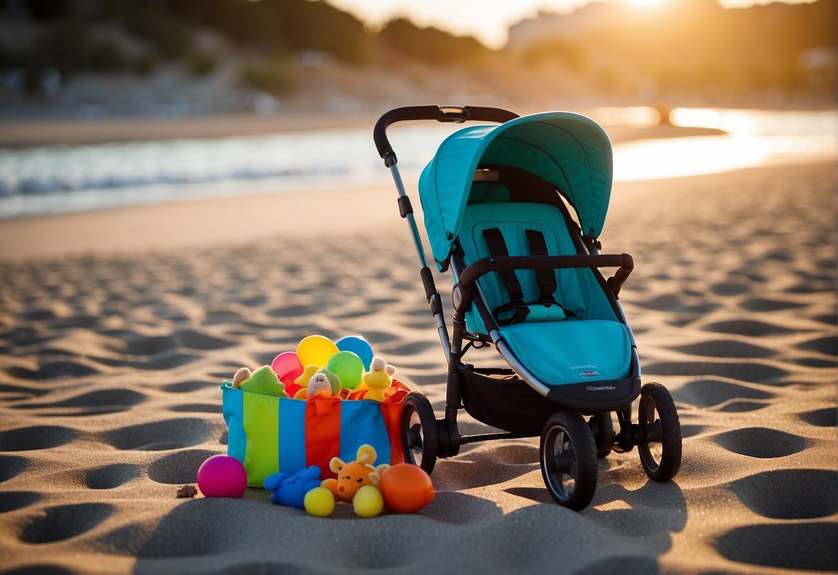 A colorful travel stroller sits on a sandy beach, with a 4-year-old's favorite toys peeking out from the storage compartment