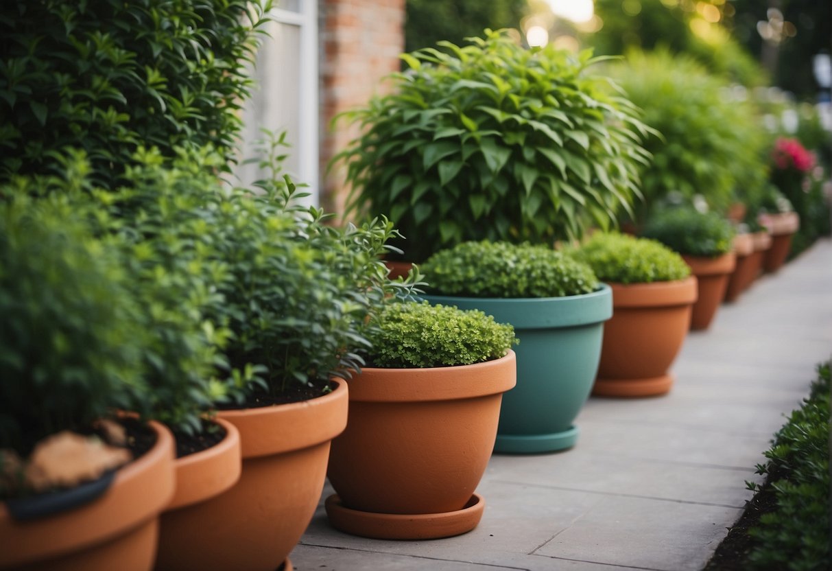 Lush greenery spills over the edges of decorative garden pots, adding vibrant color to the outdoor space. The pots are neatly arranged, creating a visually appealing and well-maintained garden area