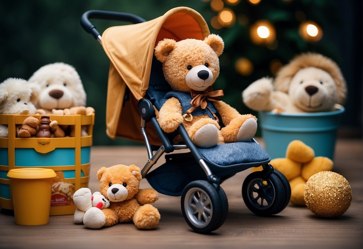 A stroller with a teddy bear strapped in, surrounded by toys and snacks