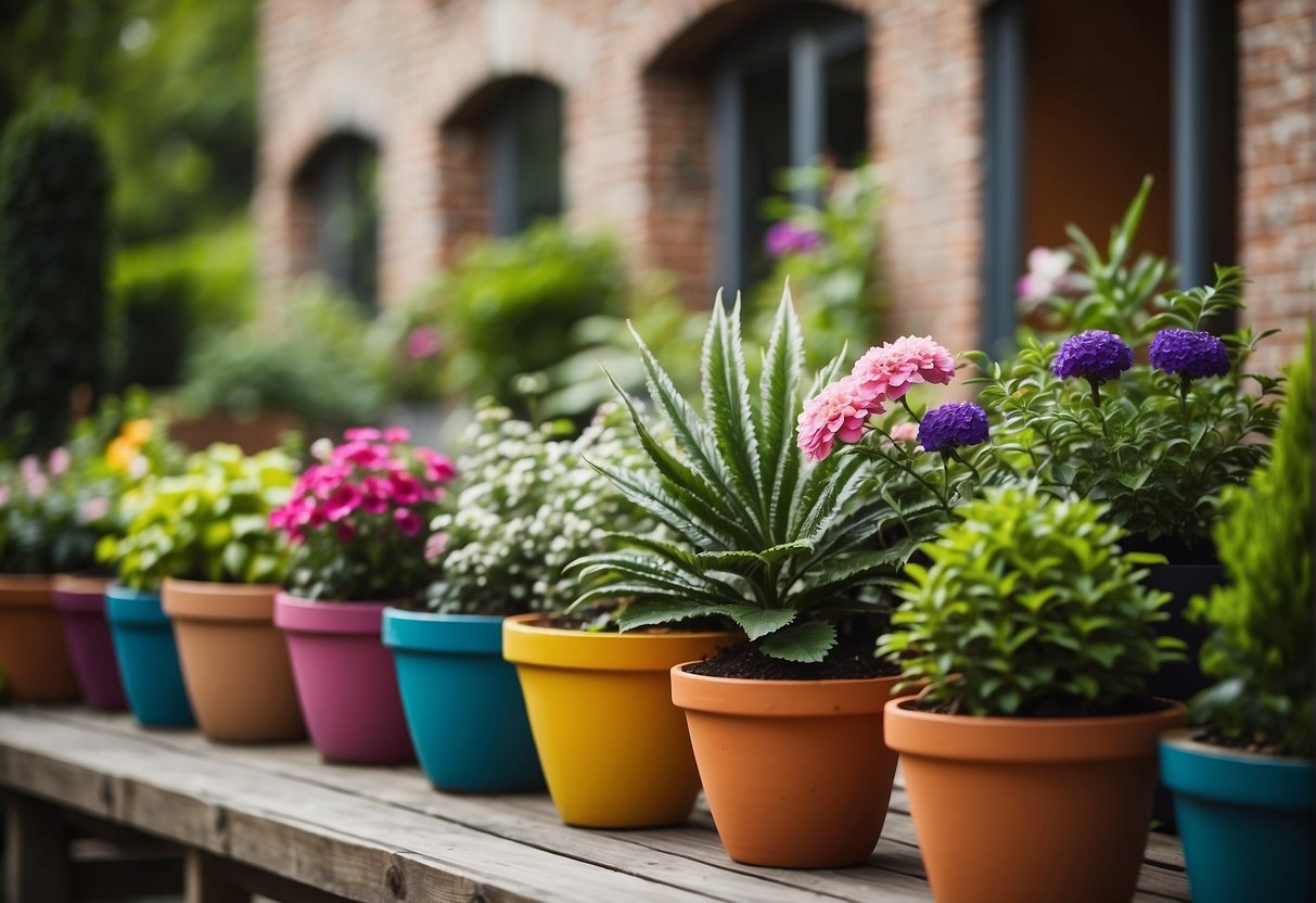 Colorful garden pots arranged in a variety of sizes and shapes, filled with blooming flowers and lush green plants, creating a vibrant and inviting display