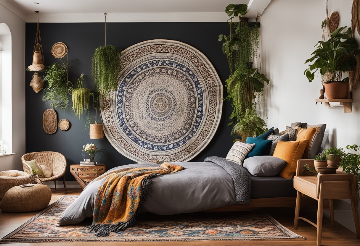 A cozy bedroom with eclectic decor: patterned rugs, hanging plants, and colorful tapestries. A mix of vintage and modern furniture creates a relaxed, bohemian vibe
