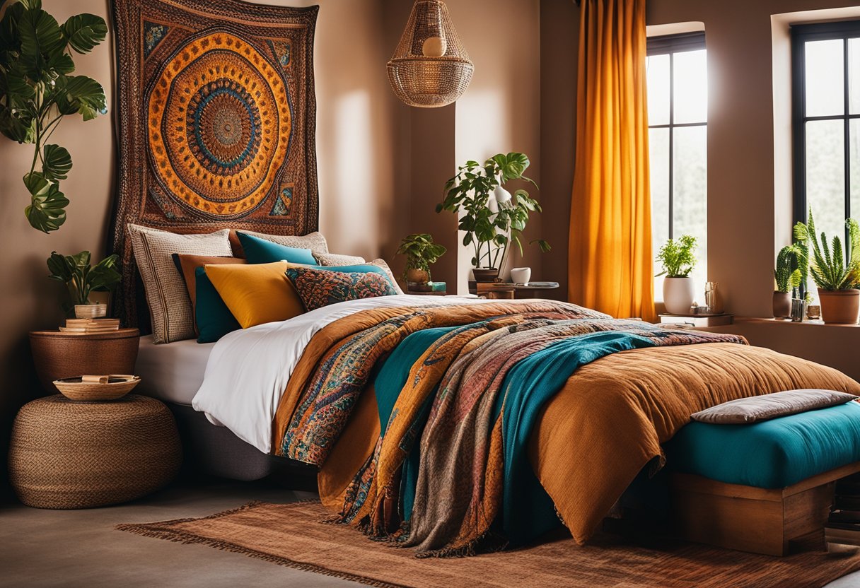 A boho-style bedroom with vibrant colors and eclectic patterns. A mix of earthy tones and bold hues, with layered textiles and unique decor