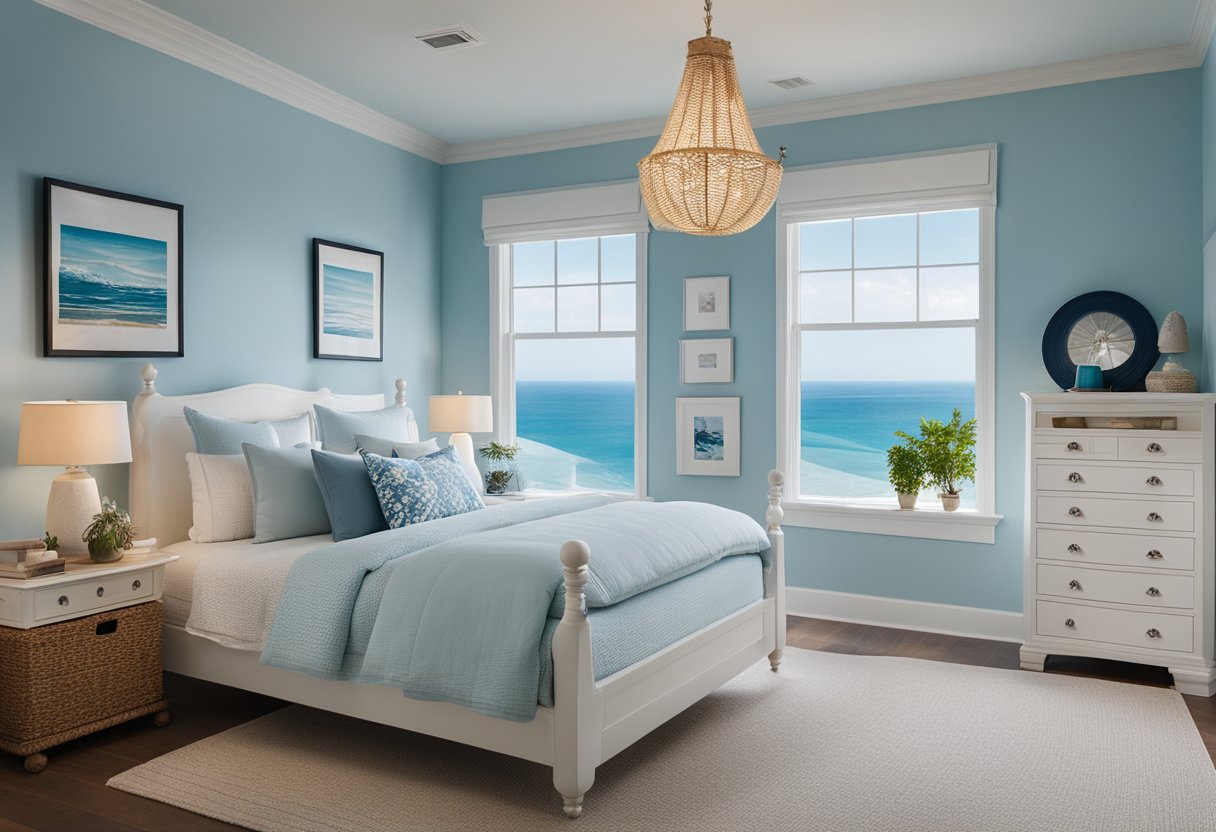 A cozy coastal bedroom with light blue walls, white furniture, and nautical decor. Large windows overlook the ocean, letting in natural light