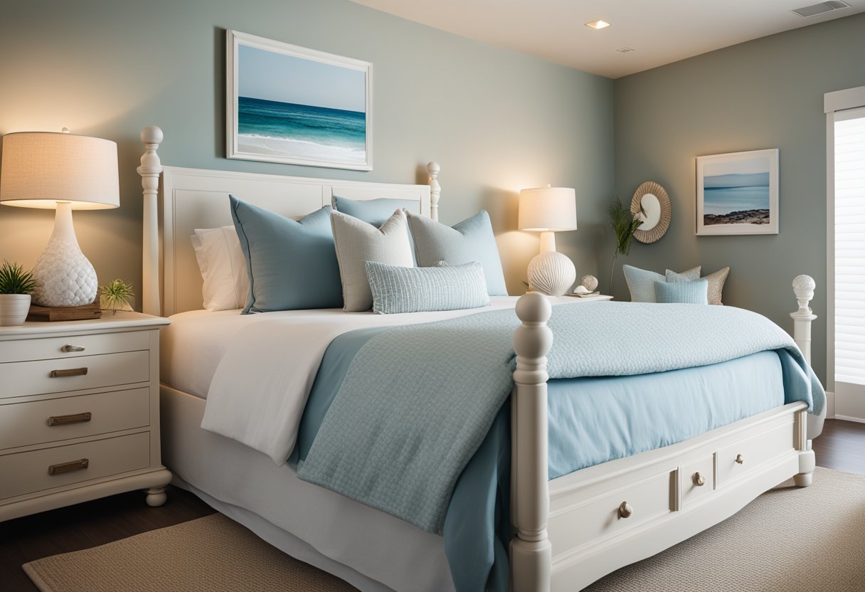 A coastal bedroom with a bed, nightstands, and a dresser. Decor includes seashell accents, light blue and sandy tones, and nautical-themed decor