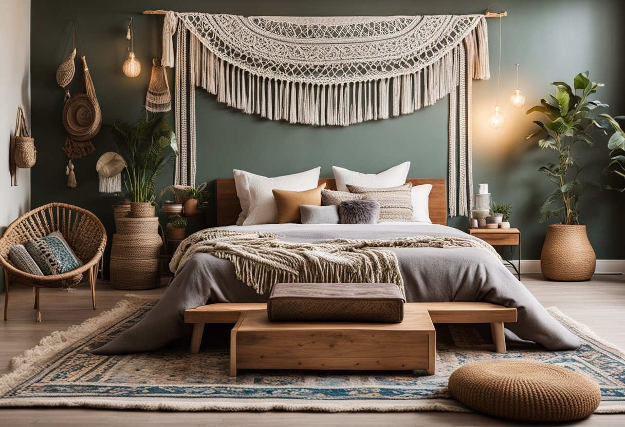 A cozy boho-style bedroom with a low platform bed, layered rugs, macrame wall hangings, and a mix of vintage and eclectic furniture pieces