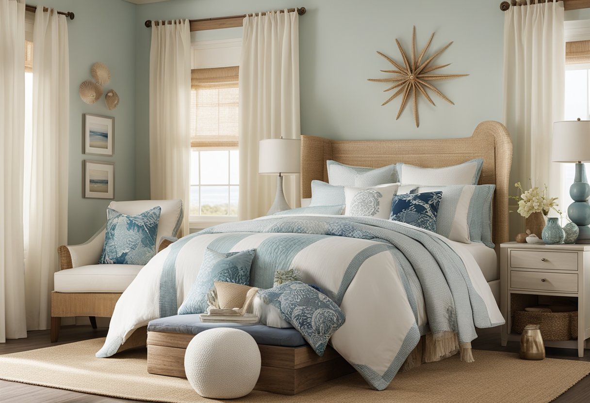 A coastal bedroom with nautical textiles and beach-themed decorations, including seashells, driftwood, and light, airy fabrics
