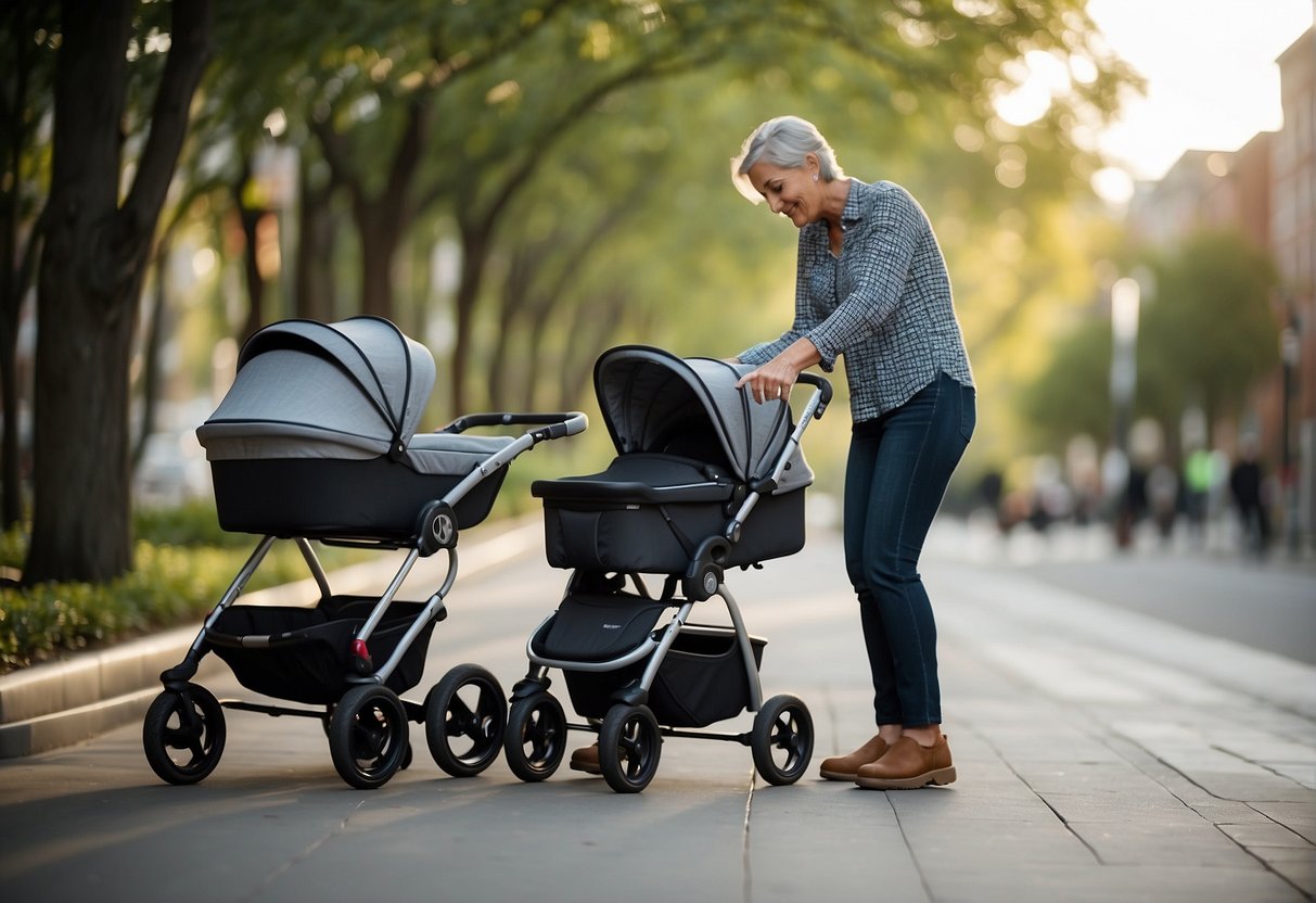 A parent chooses a stroller from a variety of options, considering the age of their child